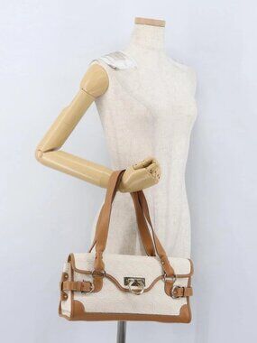 Salvatore Ferragamo Gancini Hand Bag PVC Canvas White Gold Auth 172375